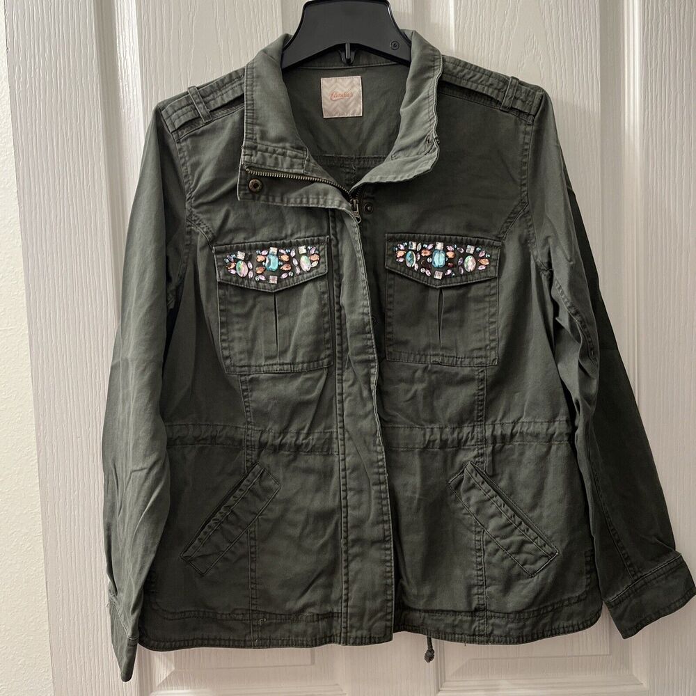 Candie's Jacket Women Olive Green Bejeweled Military Army Junior's‎ XL Y2K Shiny